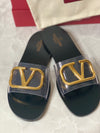Black PVC V Logo Flat Sandals