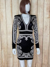 Black & White Long Sleeve Baroque Print Knit Dress